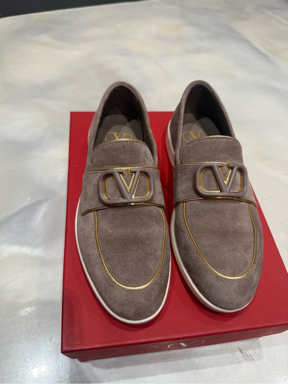 Valentino Taupe Suede Loafers with Gold V Logo